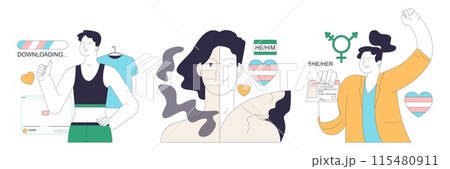 Gender transition process set. Gender-affirming therapy for transgender people. Gender dysphoria, coming out, hormone therapy and sex reassignment surgery. Flat vector illustration 115480911