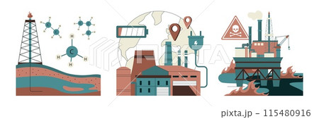 Fossil fuel set. Fossil resources extraction and its impact on climate change. Reliance on non-renewable energy sources. Earth raw materials depletion. Flat vector illustration 115480916