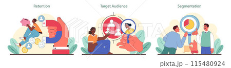 Customer lifecycle set. Visual guide to client retention, identifying target audience, and market segmentation. Strategies for sustained business growth in niche marketing. Flat vector illustration. 115480924
