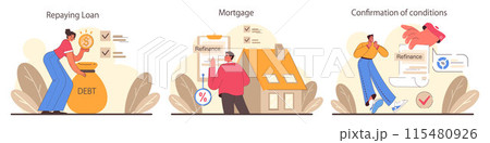 Refinance process set. Loan rate reduction to lender agreements. Debt obligation with better interest rate. Housing loan, real estate mortgage. Flat vector illustration 115480926