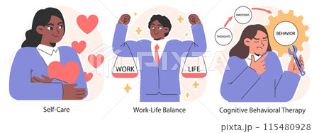 Stress management set. Diverse office characters work burnout. Employee work-life balance, relaxation techniques and self-care. Emotional intelligence and mindfulness. Flat vector illustration. Stress management set. Diverse office characters work burnout. Employee work-life balance, relaxation techniques and self-care. Emotional intelligence and mindfulness. Flat vector illustration. 115480928
