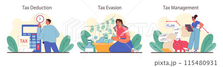 Tax optimization set. Financial efficiency, budgeting and economy idea. Taxes deduction and refund. Flat vector illustration 115480931
