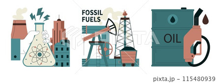 Fossil fuel set. Fossil resources extraction and its impact on climate change. Reliance on non-renewable energy sources. Earth raw materials depletion. Flat vector illustration Fossil fuel set. Fossil resources extraction and its impact on climate change. Reliance on non-renewable energy sources. Earth raw materials depletion. Flat vector illustration 115480939