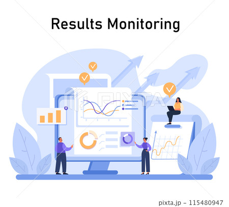 Results Monitoring concept. Professionals scrutinize data analytics for insights and performance metrics, essential in marketing strategy development. Data-driven decision-making. vector illustration 115480947