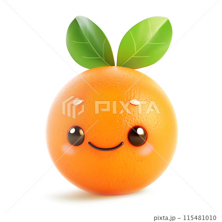 Smiling orange fruit or tangerine character with big eyes and green leaf Smiling orange fruit or tangerine character with big eyes and green leaf 115481010