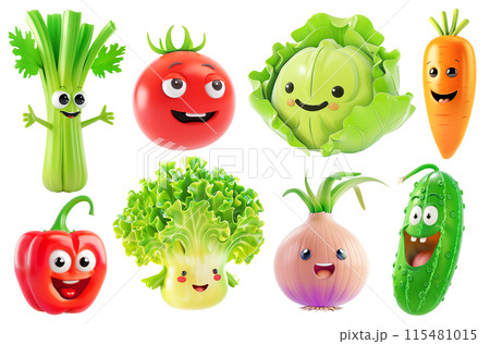 Fresh salad vegetables, collection of cartoon characters isolated on white background Fresh salad vegetables, collection of cartoon characters isolated on white background 115481015