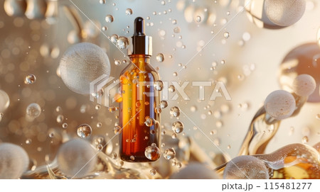 A close-up shot of an amber glass bottle with a dropper surrounded by water droplets. A close-up shot of an amber glass bottle with a dropper surrounded by water droplets. 115481277
