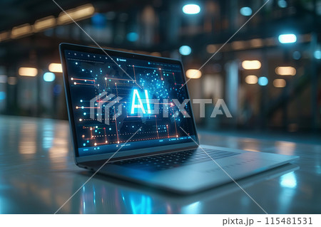 A modern laptop with a glowing AI text on its screen, is on a clean, white desk in a minimalistic office space A modern laptop with a glowing AI text on its screen, is on a clean, white desk in a minimalistic office space 115481531