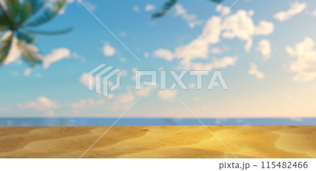 Beautiful wide panorama of a paradise beach with golden sand and palm leaves in blur. Summer banner. 115482466