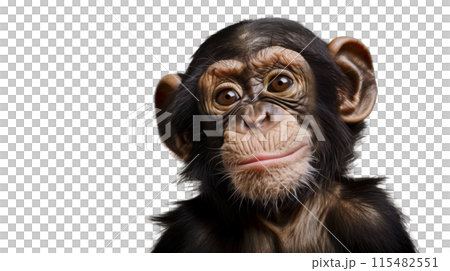 A charming portrait of a young chimpanzee with a curious expression. Background watermark. 115482551