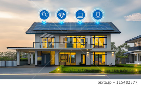 ソーラーパネルとスマート機能を備えた省エネルギー住宅 115482577