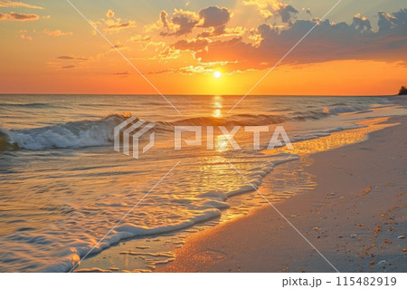 Serene beach at sunrise with gentle waves Serene beach at sunrise with gentle waves 115482919