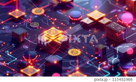 Digital Cryptocurrency Network with Glowing Bitcoin Nodes 115482966
