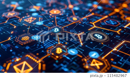 Digital Cryptocurrency Network with Glowing Bitcoin Nodes 115482967