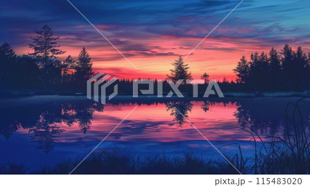 Vibrant Sunset Over Forest Lake Vibrant Sunset Over Forest Lake 115483020