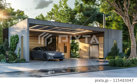 現代的なデザイン要素と緑豊かな背景を持つ外壁の現代的なエネルギーストレージシステム 現代的なデザイン要素と緑豊かな背景を持つ外壁の現代的なエネルギーストレージシステム 115483047