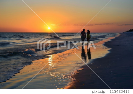 Couple watching sunset on beach shore Couple watching sunset on beach shore 115483415
