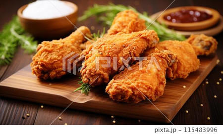 Indulge in perfectly crispy fried chicken with a golden brown coating and juicy meat  a comforting classic Indulge in perfectly crispy fried chicken with a golden brown coating and juicy meat  a comforting classic 115483996
