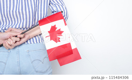 Unrecognized girl student in white blue shirt holding small Canadian flag over gray background, Canada day, holiday, vote, immigration, tax, copy space Unrecognized girl student in white blue shirt holding small Canadian flag over gray background, Canada day, holiday, vote, immigration, tax, copy space 115484306