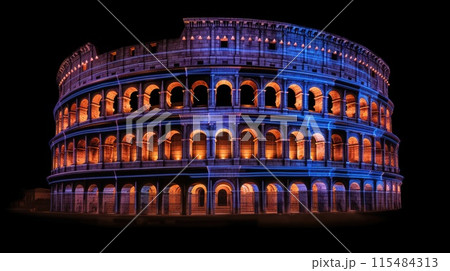 Glowing blue and purple Coliseum at night isolated on black background 115484313
