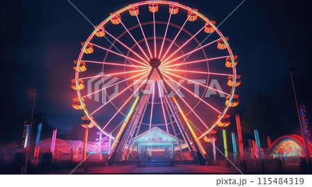 Colorful Ferris Wheel with Rainbow Lights in Dark Amusement Park at Night with bright colorful neon lights. 115484319