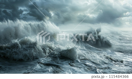 The ocean is rough and the waves are crashingのイラスト素材 [115484366] - PIXTA
