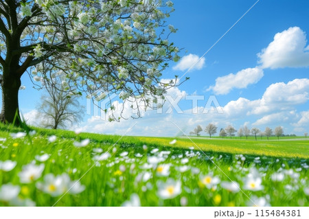 Blooming Spring Meadow Under Blue Sky 115484381