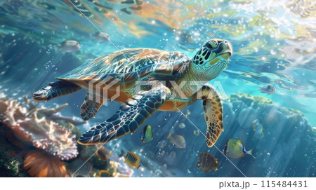 Sea Turtle Swimming Among Coral Reefs 115484431