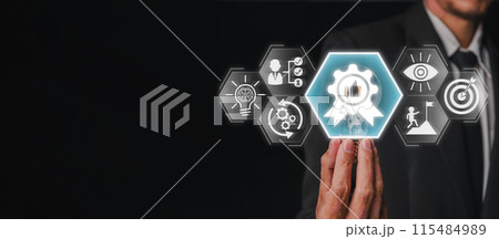 Best practice concept, Businessman hand holding light bulb with potential, development, experience, vision, competence and knowledge icon on virtual screen, Analyzing current operations. Best practice concept, Businessman hand holding light bulb with potential, development, experience, vision, competence and knowledge icon on virtual screen, Analyzing current operations. 115484989