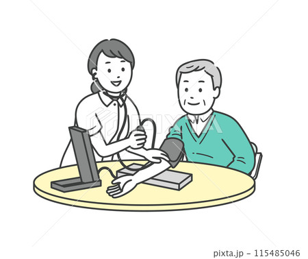 血圧計で血圧を測る笑顔の看護師と高齢男性と半身イラスト 115485046