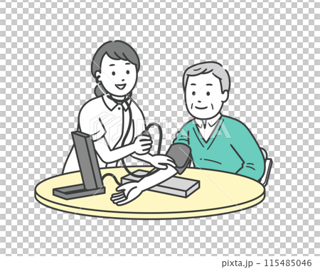 血圧計で血圧を測る笑顔の看護師と高齢男性と半身イラスト 115485046
