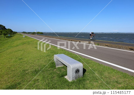 かすみがうら歩崎公園から見た霞ケ浦湖畔のサイクリングロード 115485177