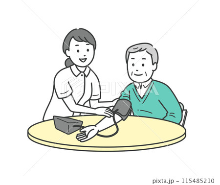 血圧計で血圧を測る手助けをする看護師と高齢男性と半身イラスト 血圧計で血圧を測る手助けをする看護師と高齢男性と半身イラスト 115485210