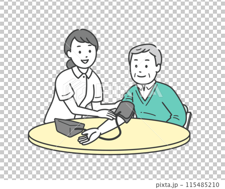 血圧計で血圧を測る手助けをする看護師と高齢男性と半身イラスト 血圧計で血圧を測る手助けをする看護師と高齢男性と半身イラスト 115485210
