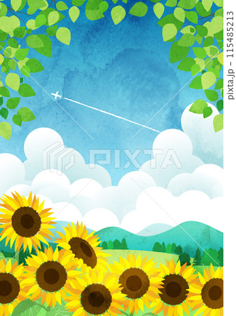 夏、背景、イラスト、かわいい、ひまわり、里山、縦 115485213