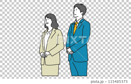 Illustration of a man and woman in suits looking up Illustration of a man and woman in suits looking up 115485373