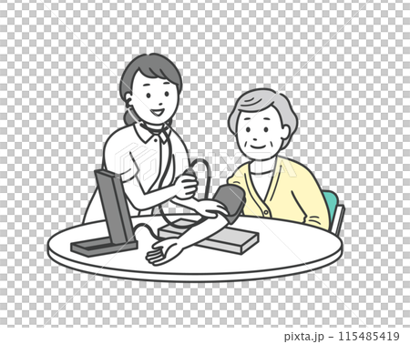 血圧計で血圧を測る笑顔の看護師と高齢女性と半身イラスト 115485419