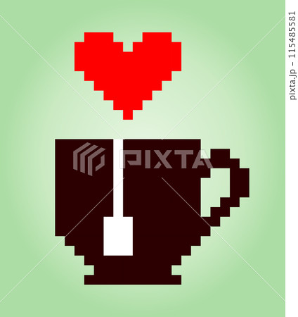 Logo image of a cup of 8 bit pixel tea. Drink in vector illustrations for the game icon. 115485581