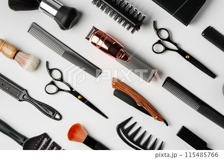 Pattern of various shaving and bauty care accessories for men on gray background Pattern of various shaving and bauty care accessories for men on gray background 115485766