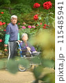 公園を散歩する車いすの老人と介助する介護士 115485941