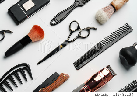 Pattern of various shaving and bauty care accessories for men on gray background Pattern of various shaving and bauty care accessories for men on gray background 115486134