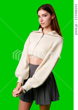 Woman in Skirt and Sweater Posing for Picture 115486201