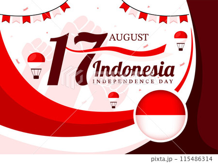 Indonesia Independence Day Vector illustration celebrating 17th August with the Indonesian Flag Raising the Red and White in a Flat Cartoon Background 115486314