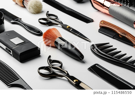 Pattern of various shaving and bauty care accessories for men on gray background Pattern of various shaving and bauty care accessories for men on gray background 115486550
