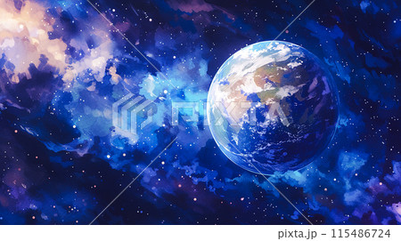 ドリーミーな宇宙に浮かぶ地球の水彩イラスト背景のイラスト素材
