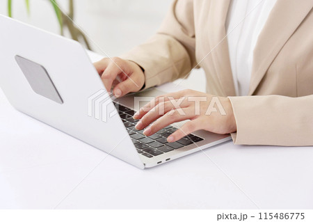 オフィスでパソコンを使ってデスクワークをする若いビジネスウーマンの手元のクローズアップ 115486775