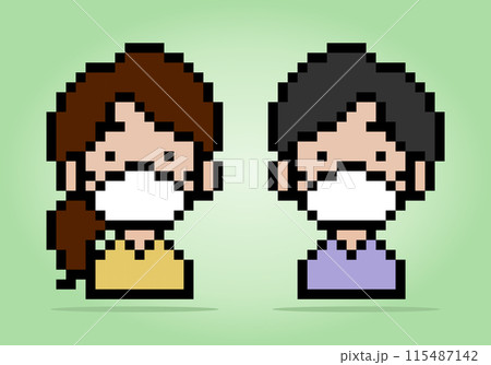 8 bit pixel girl and men wear medical masks. People pair in vector illustrations. 115487142