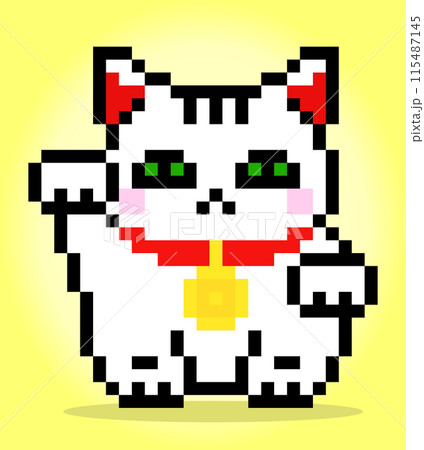 8 bit pixel a white cat. The Lucky cat, Maneki Neko in vector illustration. 115487145