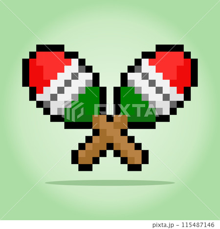 8 bit pixel a wooden maracas. Instrument tool for game assets and cross stitch patterns in vector illustrations. 8 bit pixel a wooden maracas. Instrument tool for game assets and cross stitch patterns in vector illustrations. 115487146