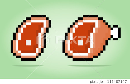 8 bit pixel slice of meat. Food item for game assets and cross stitch patterns in vector illustrations.; 115487147
